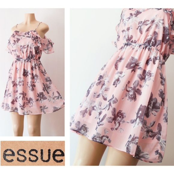 Pink Floral Ruffle Cold Shoulder Chiffon Dress - Picture 6 of 8